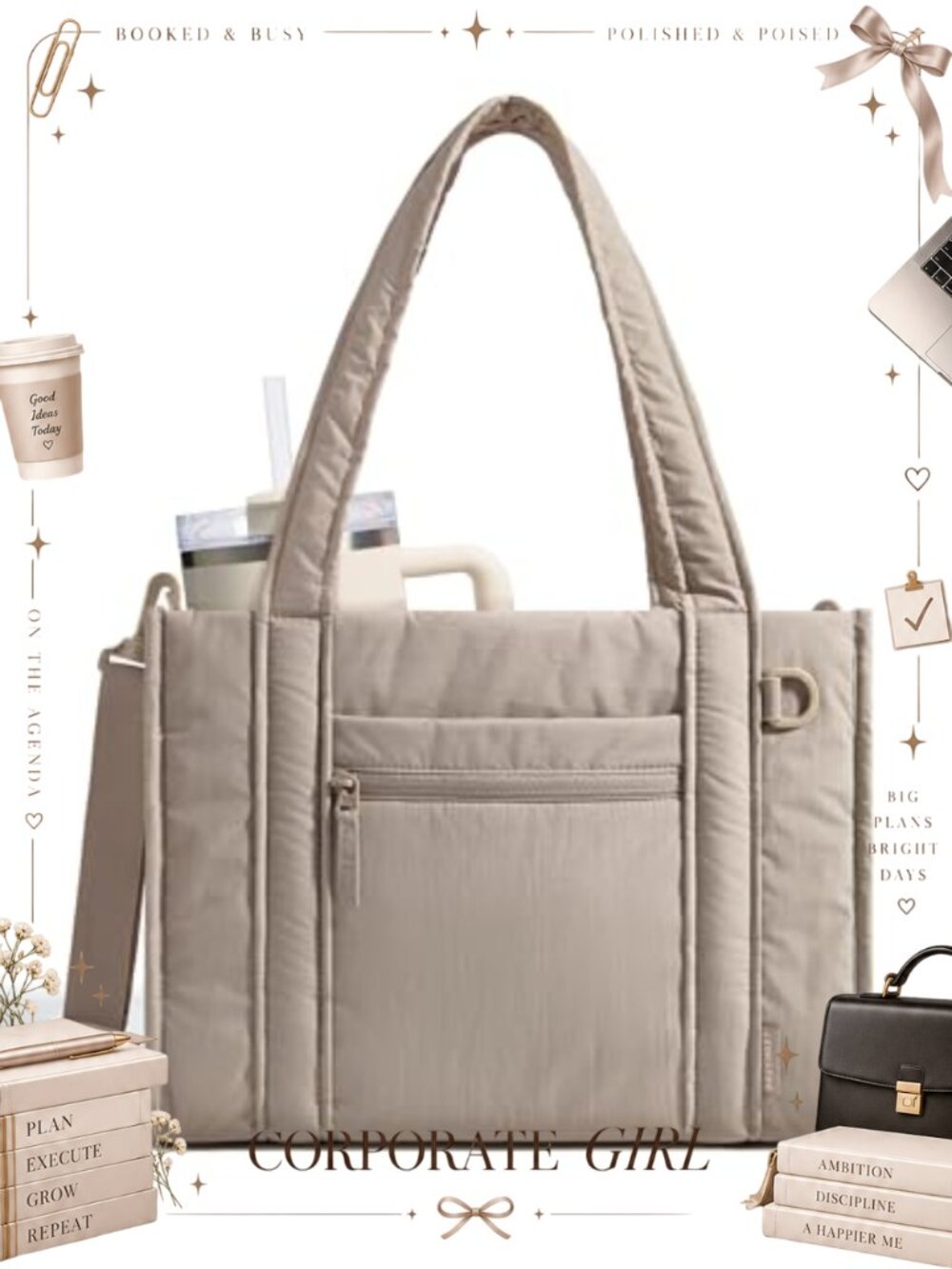 Quilted Puffy Laptop Tote Bag Water-Resistant Crossbody Work Bag Zip